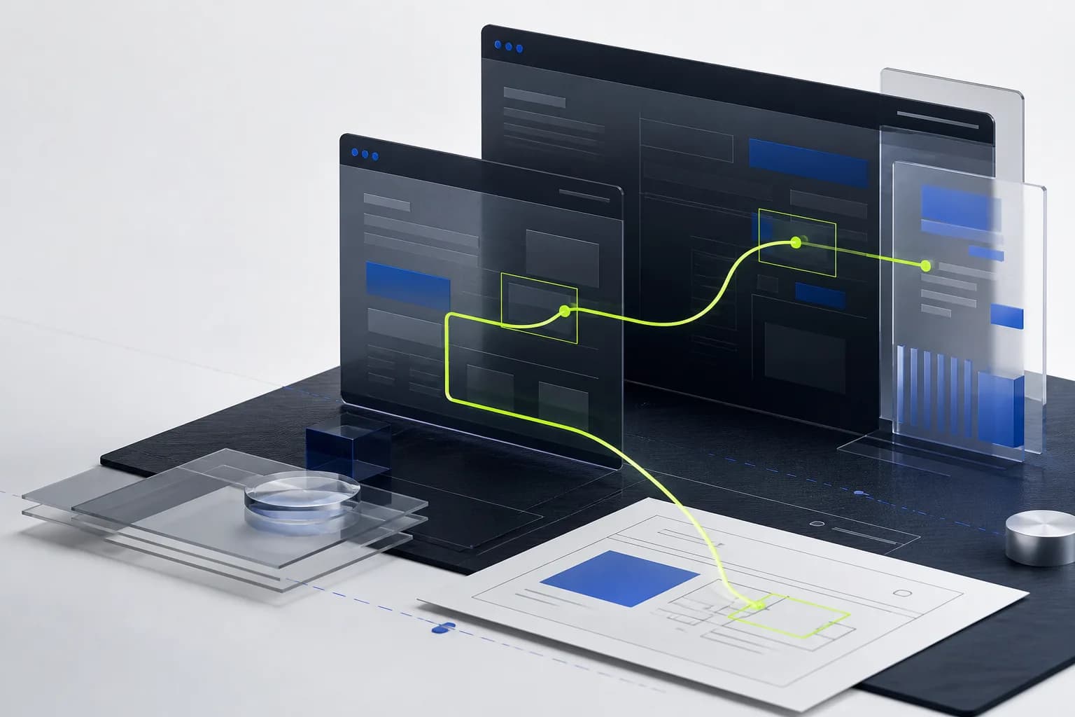 Abstract layers representing a website journey traced through several browser surfaces
