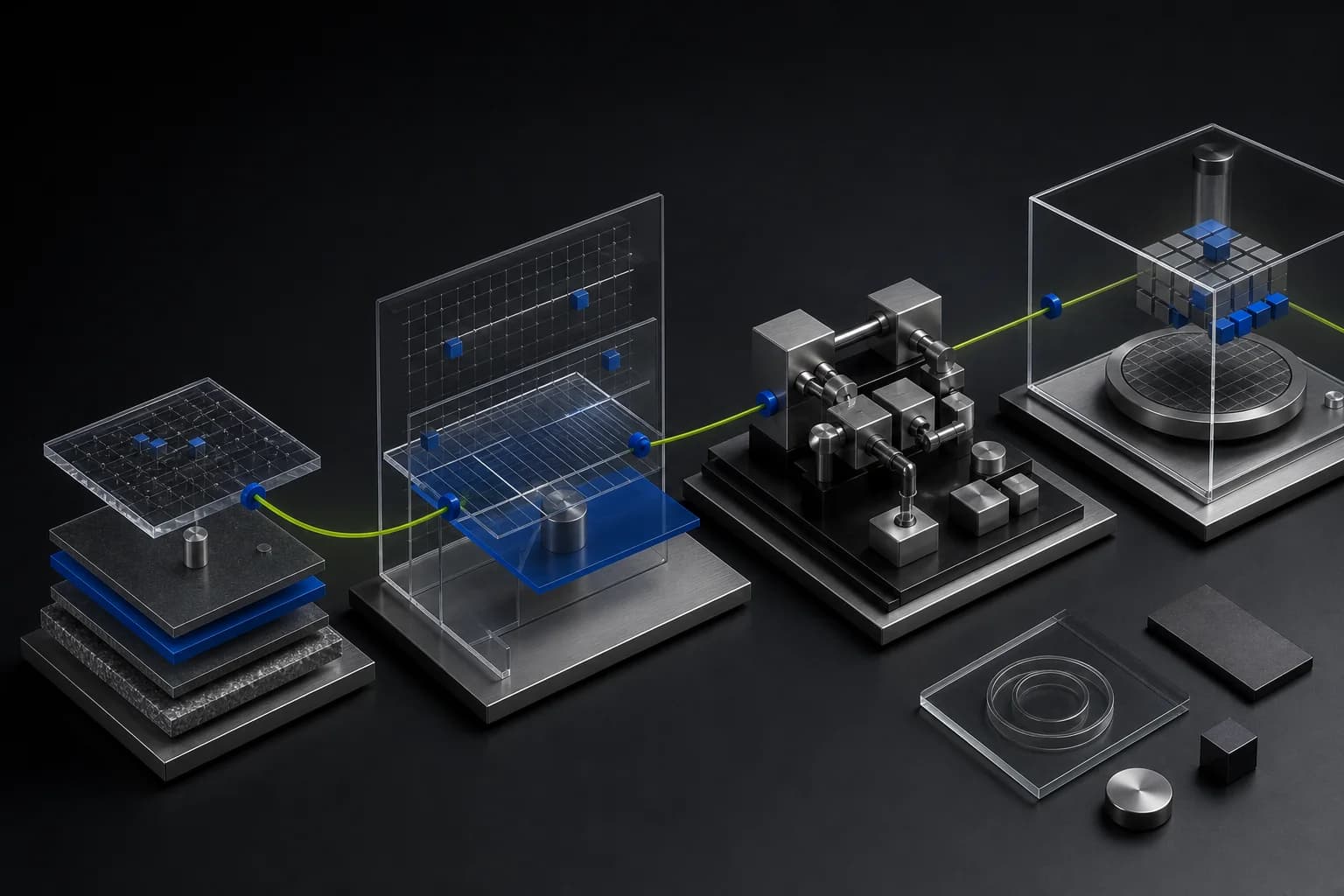 Four connected material systems representing foundations, discovery, execution and evidence