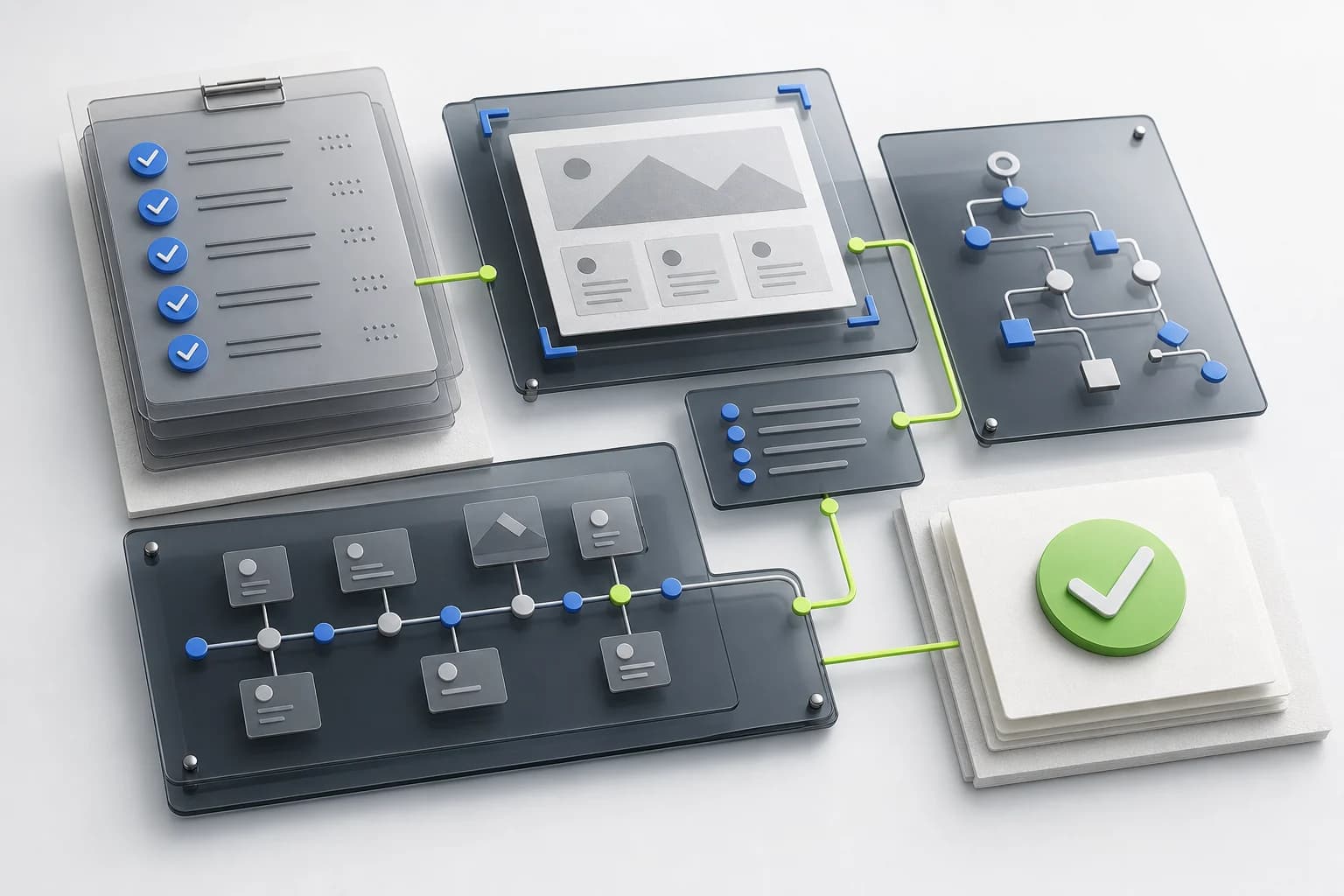 Layered audit sheets, browser targets and session traces connected to one verified result by a green evidence path