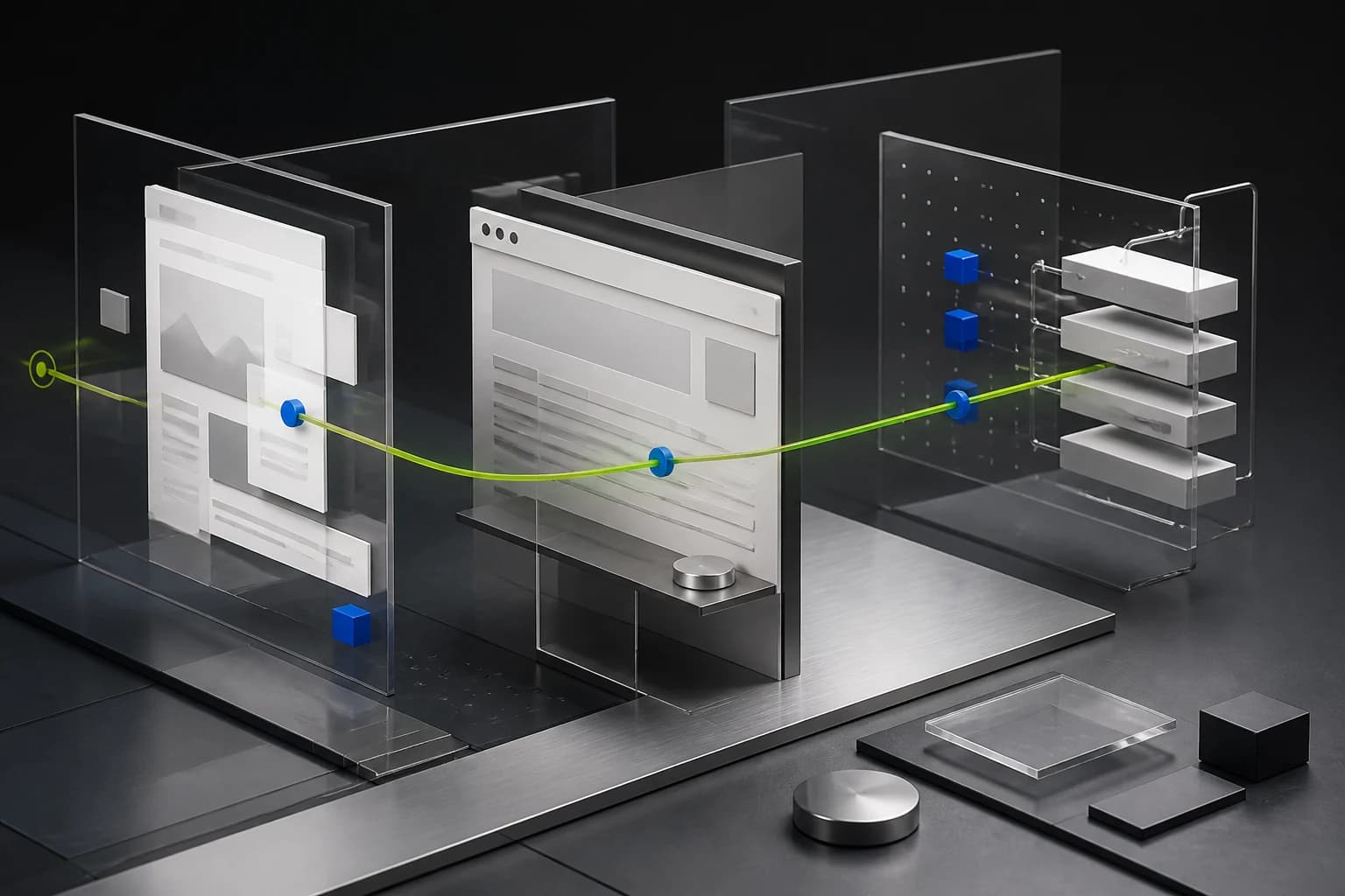Three website surfaces connected by a green journey path across content, browser interaction and structured tools
