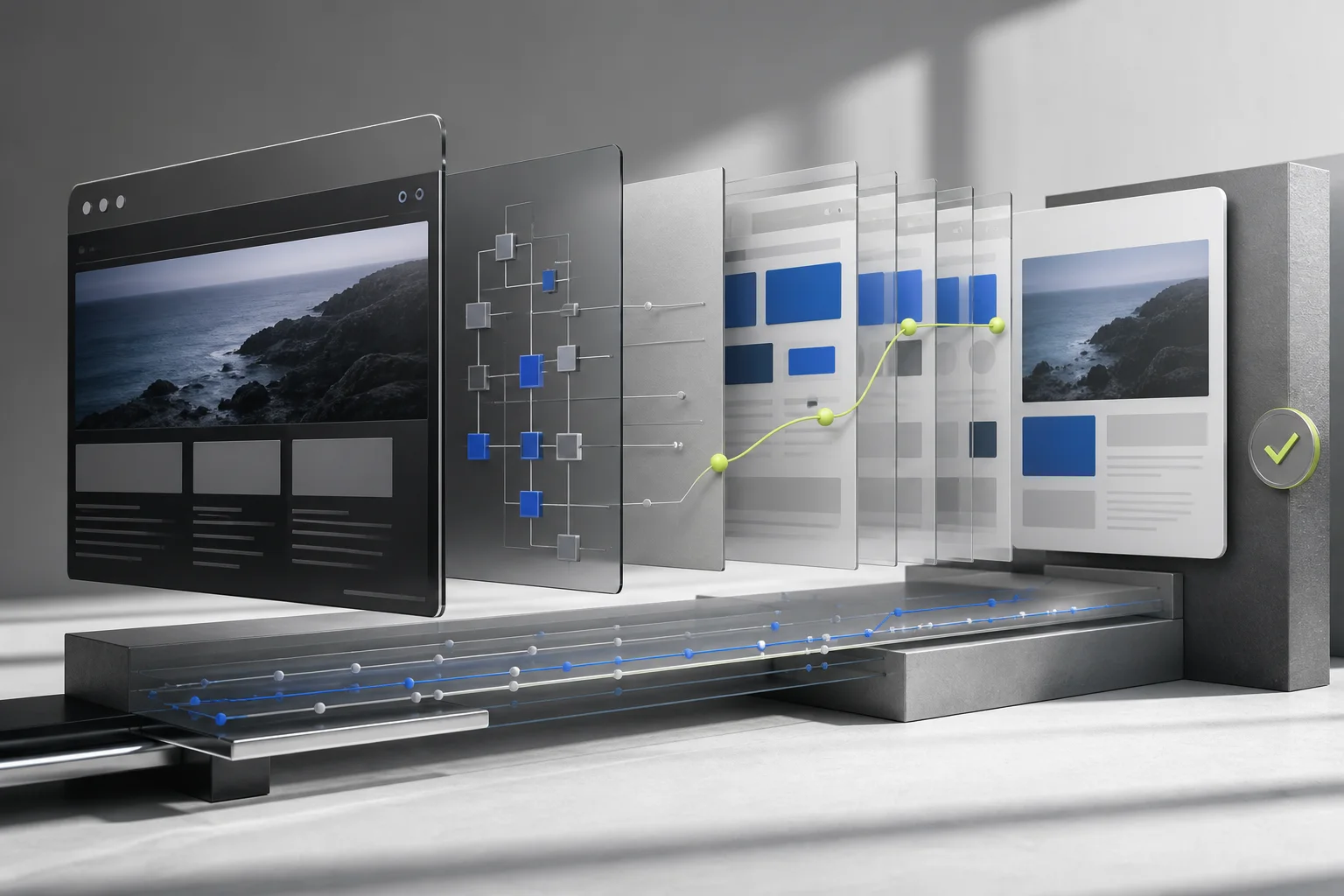 Layered browser frames trace an agent journey from page observation to a verified outcome
