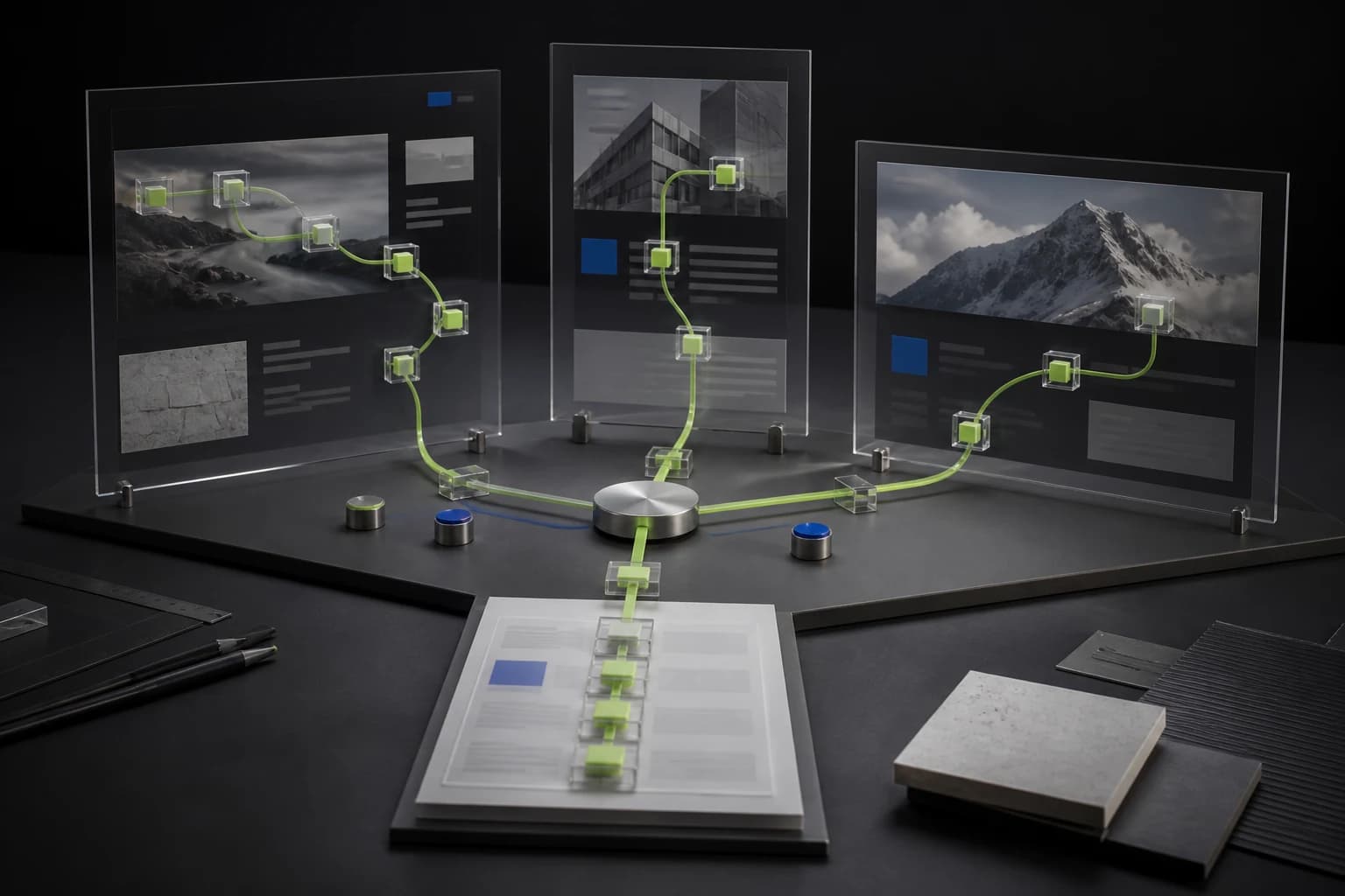 Three distinct client website journeys connect through one consistent evidence and review process