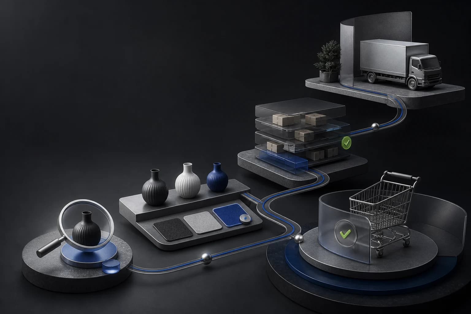 Abstract commerce journey connecting product discovery, inventory, delivery and a verified cart boundary