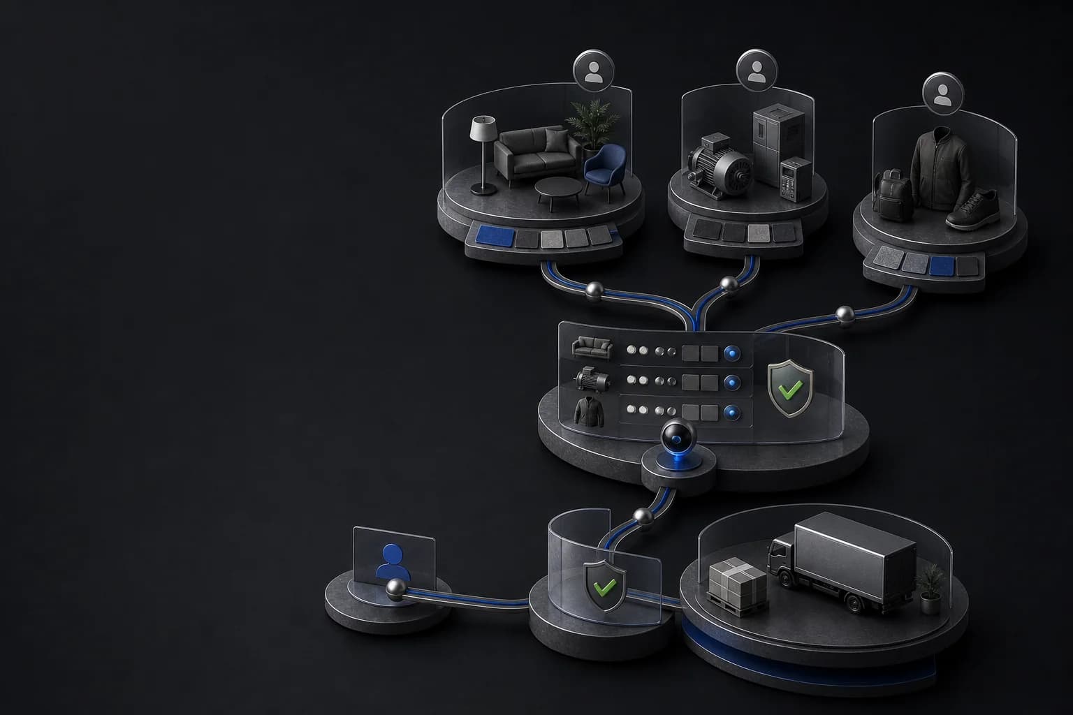 Multiple seller offers connect through comparison and trust verification to a protected marketplace review boundary